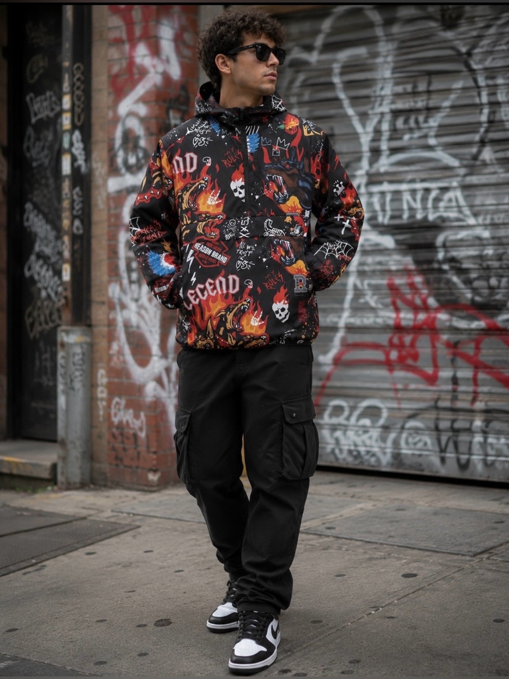 NWT Reason Men’s Flaming Skulls Anorak Hooded Jacket